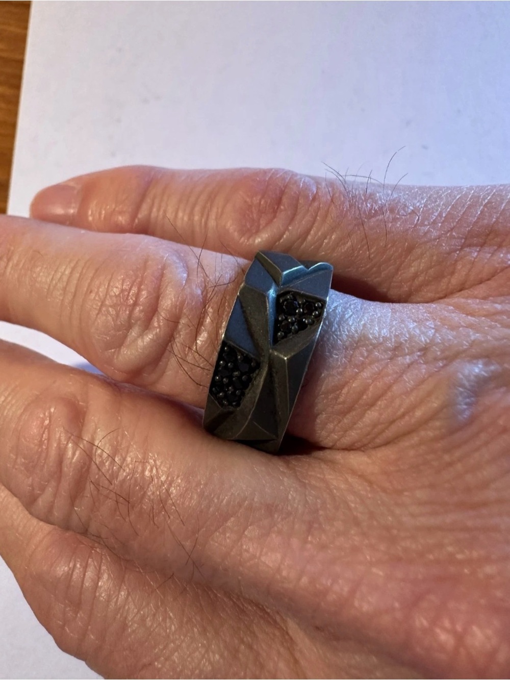 John Hardy Men's Silver Geometric Ring with Black Sapphires - Size 10